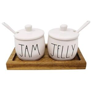 Rae Dunn White Jam and Jelly Set with Wooden Tray
